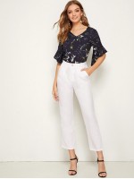 Botanical Print Asymmetrical Ruffle Cuff Top