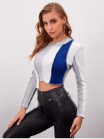 Mock Neck Stitch Trim Colorblock Asymmetrical Hem Crop Tee