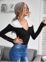 V-neck Colorblock Rib-knit Tee