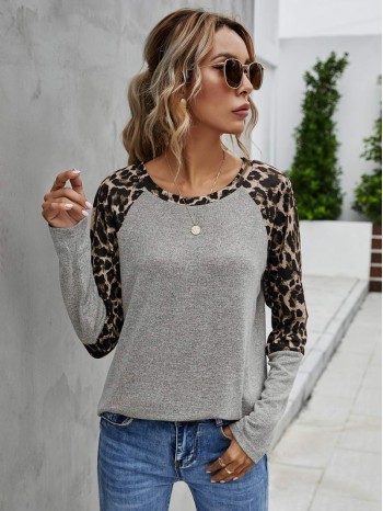 Leopard Print Raglan Sleeve Tee