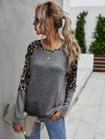 Contrast Leopard Raglan Sleeve Tee