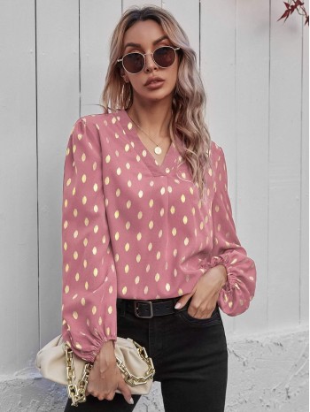 Foil Print Curved Hem Blouse