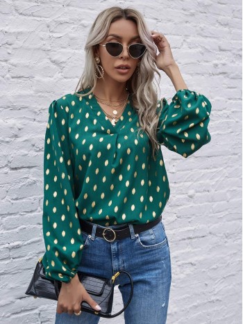 Foil Print Curved Hem Blouse