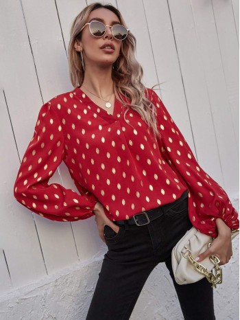 Foil Print Curved Hem Blouse