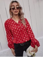 Foil Print Curved Hem Blouse