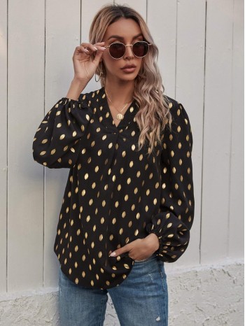 Foil Print Curved Hem Blouse