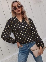 Foil Print Curved Hem Blouse