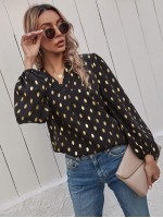 Foil Print Curved Hem Blouse