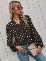 Foil Print Curved Hem Blouse