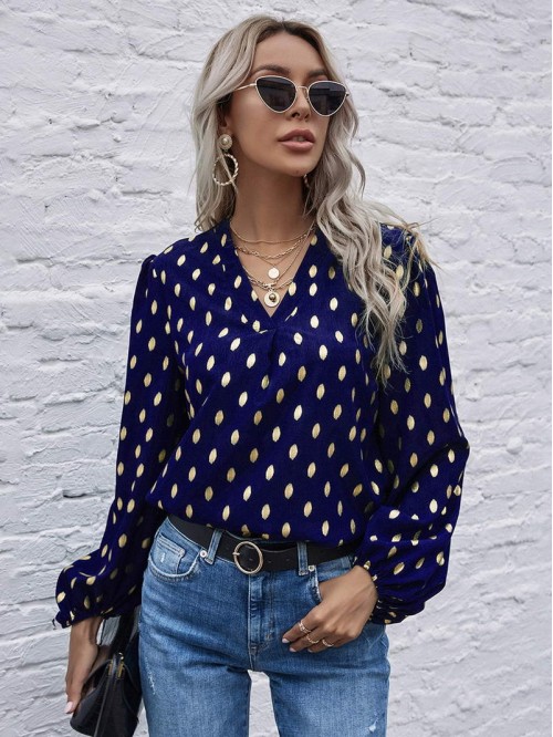 Foil Print Curved Hem Blouse