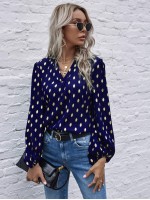 Foil Print Curved Hem Blouse