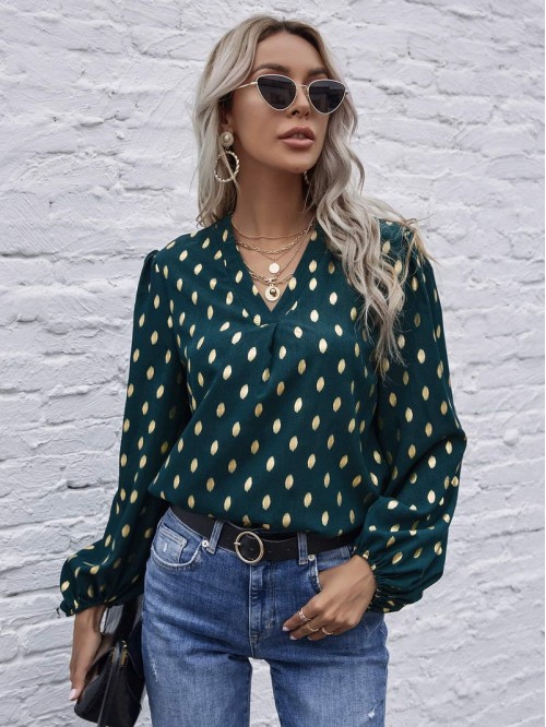 Foil Print Curved Hem Blouse