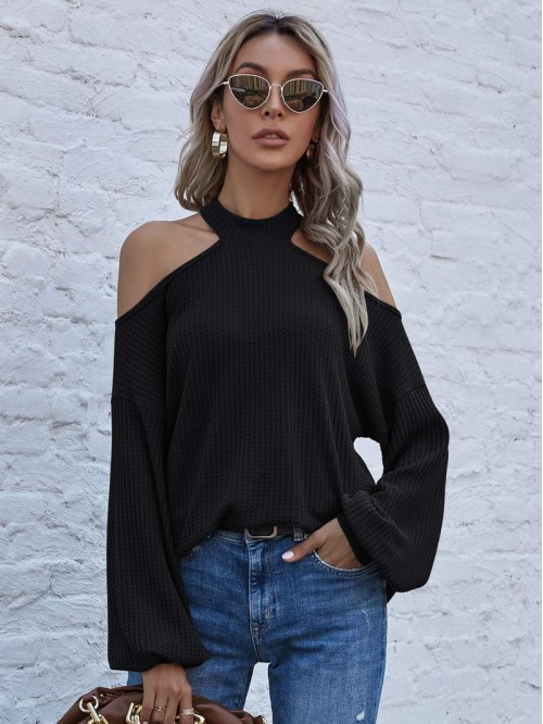 Cold Shoulder Waffle Knit Tee