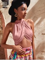 Backless Wrap Satin Crop Halter Top