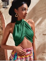 Backless Wrap Satin Crop Halter Top