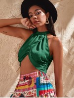 Backless Wrap Satin Crop Halter Top