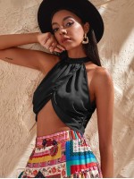 Backless Wrap Satin Crop Halter Top