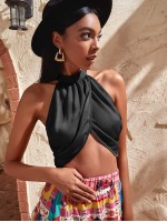 Backless Wrap Satin Crop Halter Top