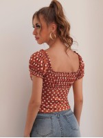 Sweetheart Neck Frill Trim Knot Front Ruched Back Polka Dot Top