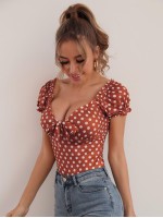 Sweetheart Neck Frill Trim Knot Front Ruched Back Polka Dot Top