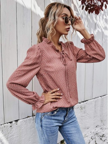 All Over Print Tie Neck Flounce Sleeve Blouse