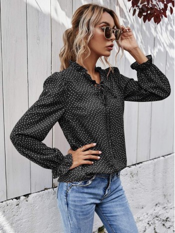 All Over Print Tie Neck Flounce Sleeve Blouse