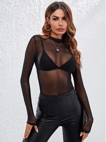 Striped Sheer Mesh Top Without Bra