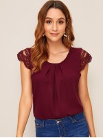 Guipure Lace Cap Sleeve Pleated Blouse