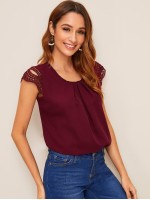 Guipure Lace Cap Sleeve Pleated Blouse