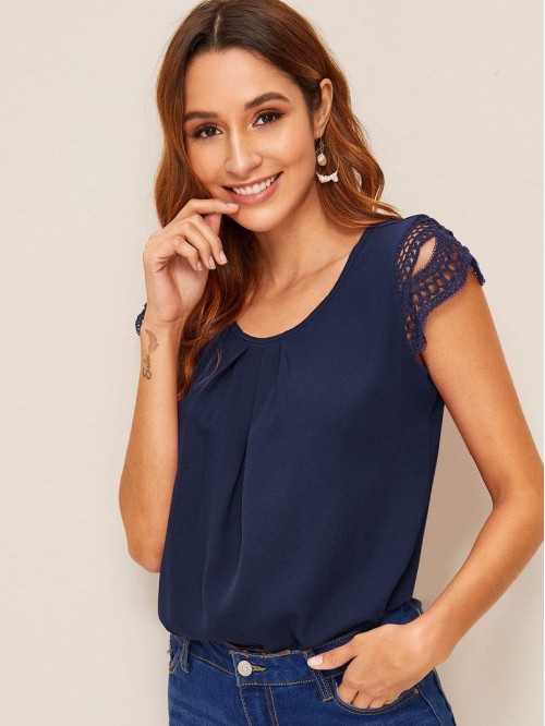 Lace Panel Solid Chiffon Blouse