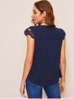 Lace Panel Solid Chiffon Blouse