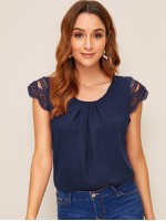 Lace Panel Solid Chiffon Blouse