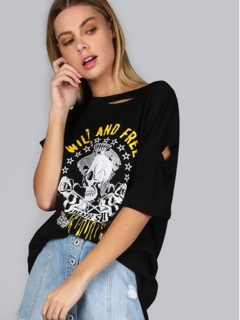 Skull & Slogan Graphic Distressed Boyfriend Tee