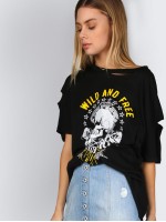 Skull & Slogan Graphic Distressed Boyfriend Tee