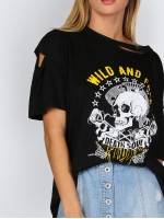 Skull & Slogan Graphic Distressed Boyfriend Tee