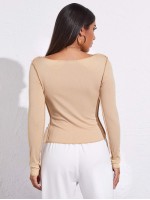 Scoop Neck Asymmetrical Hem Rib-knit Tee