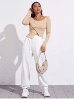 Scoop Neck Asymmetrical Hem Rib-knit Tee