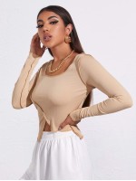 Scoop Neck Asymmetrical Hem Rib-knit Tee