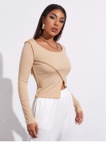 Scoop Neck Asymmetrical Hem Rib-knit Tee