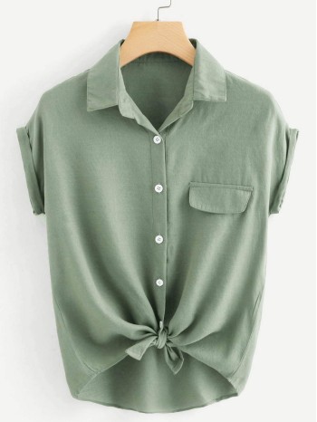 Rolled Cuff Knotted Hem Shirt