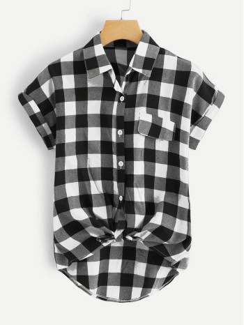 Buffalo Plaid Rolled Cuff Knot Hem Shirt