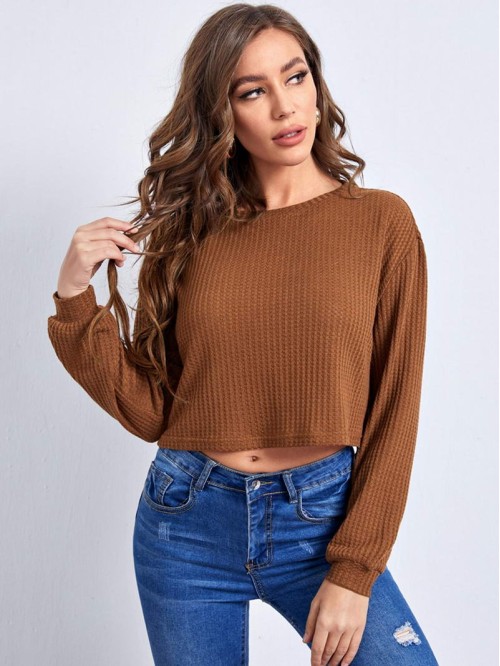 Drop Shoulder Waffle Knit Crop Tee