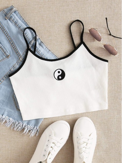 Rib-knit Yin And Yang Embroidered Ringer Cami Top