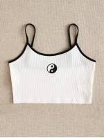 Rib-knit Yin And Yang Embroidered Ringer Cami Top