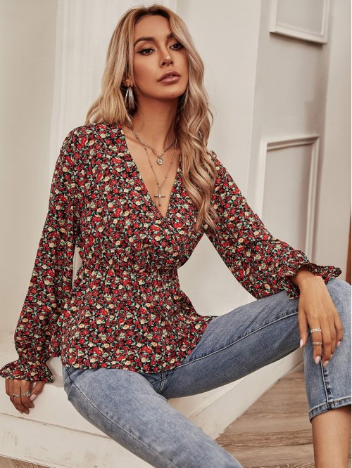 Surplice Front Ditsy Floral Peplum Blouse