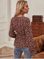 Surplice Front Ditsy Floral Peplum Blouse