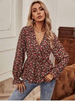 Surplice Front Ditsy Floral Peplum Blouse