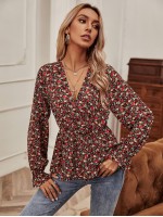 Surplice Front Ditsy Floral Peplum Blouse