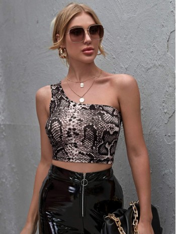 One Shoulder Snakeskin Crop Top