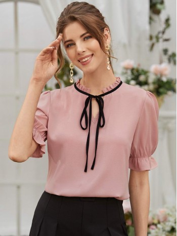 Tie Neck Flounce Sleeve Blouse